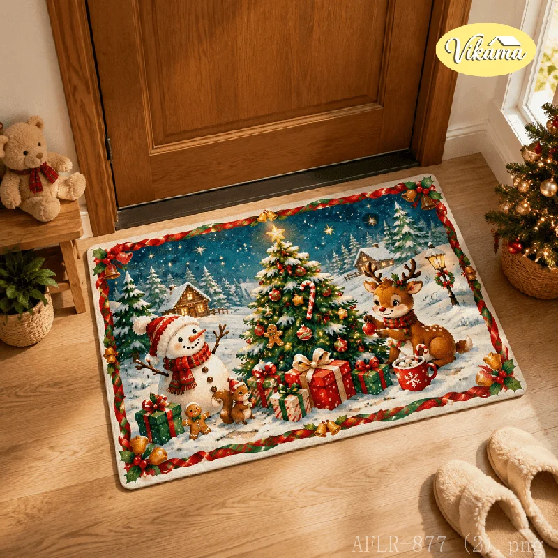 VIKAMA Christmas Doormat, Winter Cottage Snowman and Reindeer Print Non-Slip Entryway Mat, Festive Decorative Rug, Home Decor