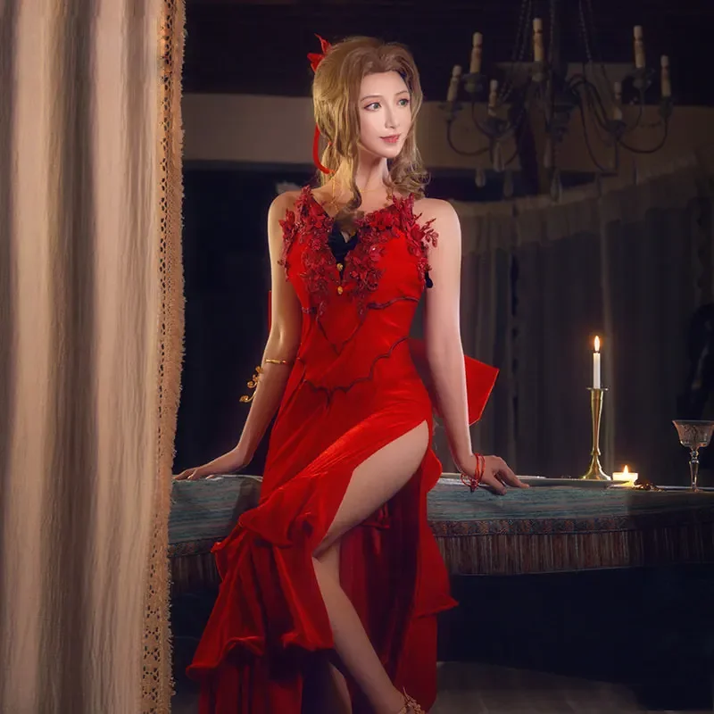 

Final Fantasy VII Aerith Gainsborough Cosplay Costume Game FF7 Aerith Red Ball Gown Dress Women Fancy Clothing Custom Made