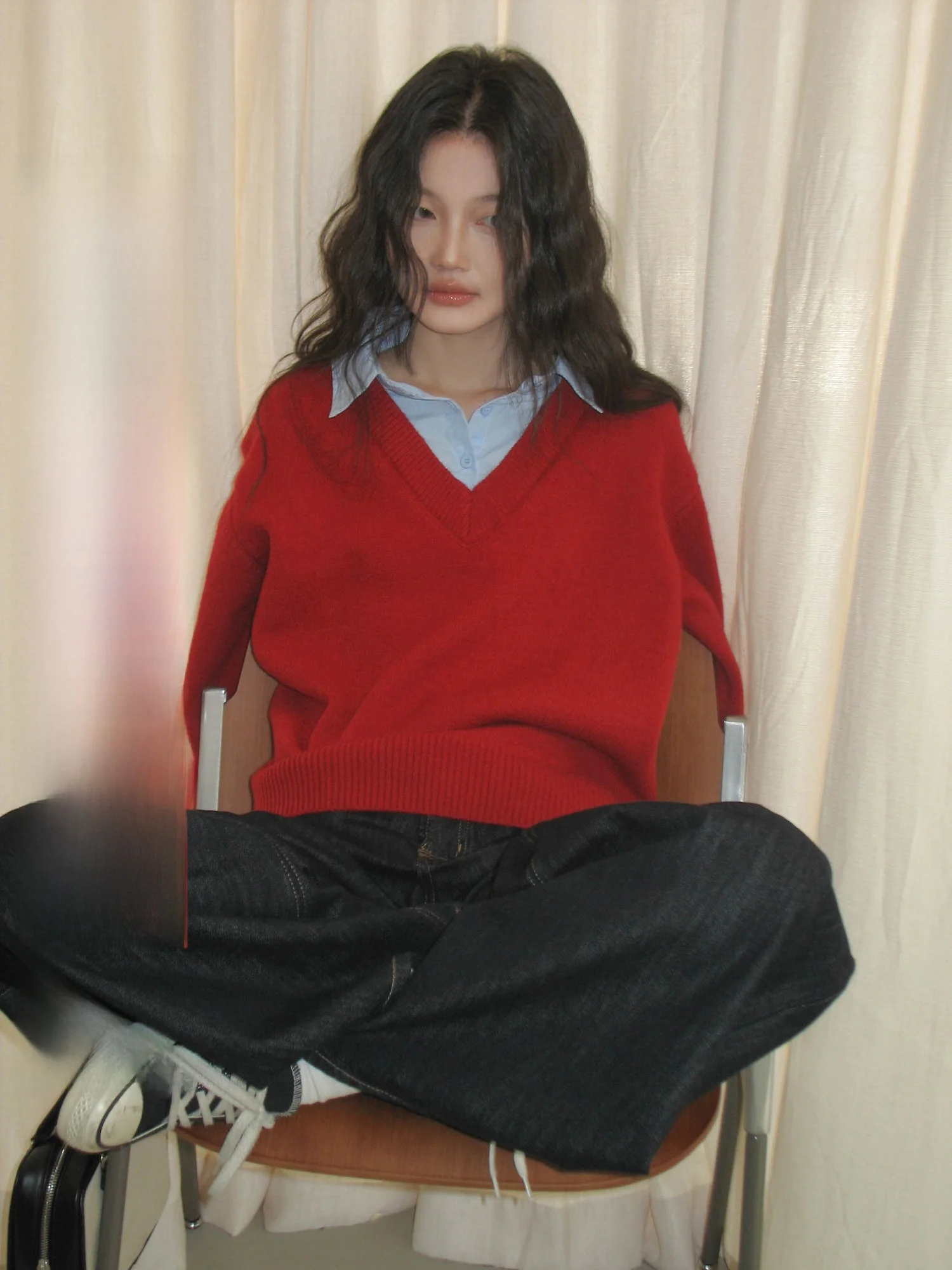 

Красный свитер с воротником-стойкой для женщин, новинка ранней весны, свободный крой, имитация двухслойности, с длинными рукавами, на Новый год