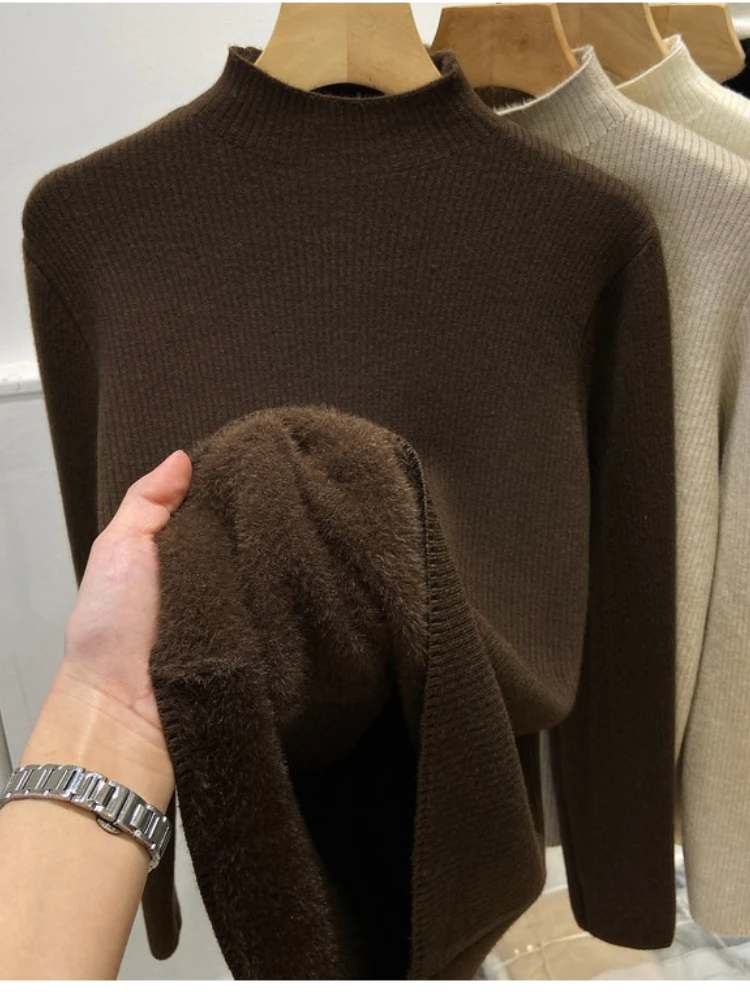 Herfst winter dames gebreide trui met lange mouwen en coltrui, effen kleur warme fleece gevoerde gebreide top, casual chique dagelijkse stijl