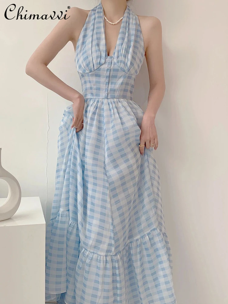 

French Retro Fairy Style Lace-up Halterneck V-neck Sleeveless Backless High Waist A-Line Blue Plaid Maxi Dress Women's Summer