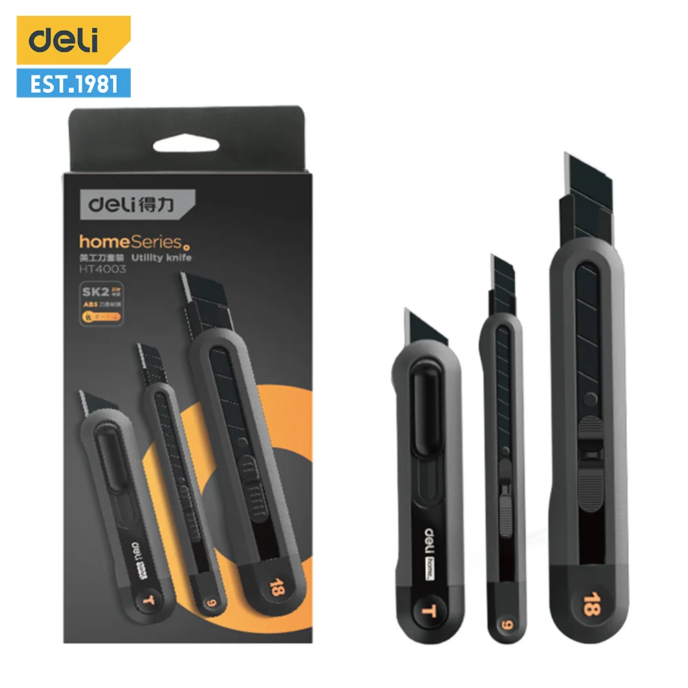 Deli Faca de Bolso Portátil Conjunto de Facas Utilitárias mm 18 mm Lâminas Caixa Retrátil Cortador de Caixa de Papel Arte Escritório Casa Suprimentos