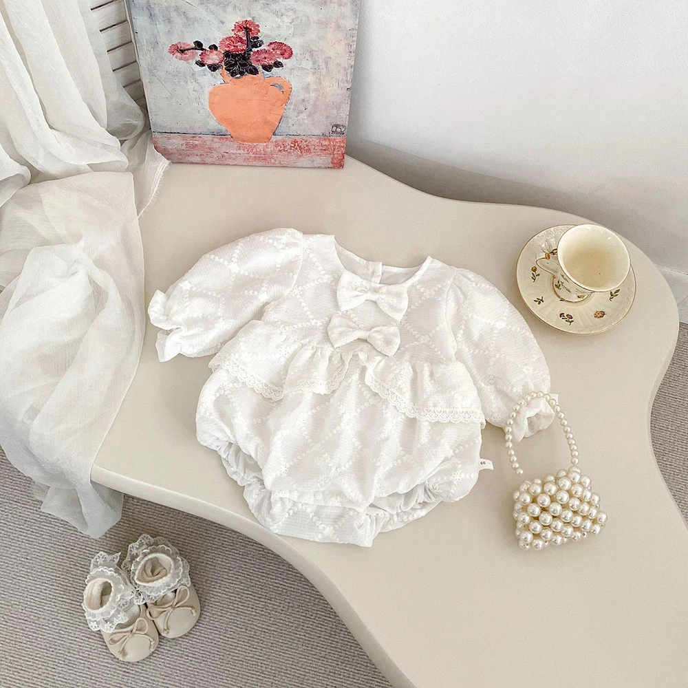 

2025 Spring New Baby Girls Clothes Front Bow One Piece Long Sleeve Bodysuit Embroidery Clothes