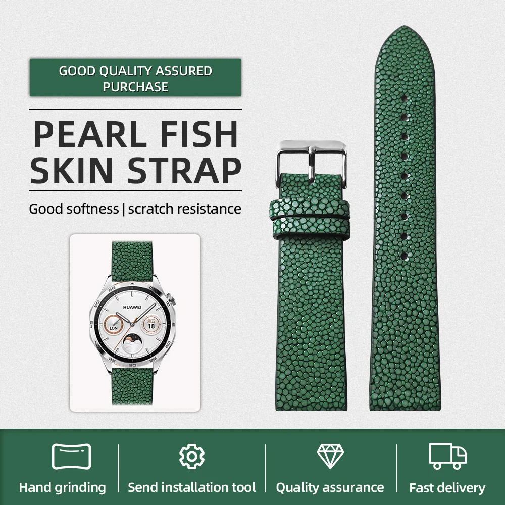 Handmade Pearl Fish Leather Strap 20 22 18 19 21MM Blue Black Green Genuine Leather Strap, Vintage Style Men's Bracelet