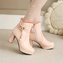 Fashion High Heels Woman Booties Lace Pearl Design Princess Platform Party Wedding Women Shoes Black Pink White Ankle Boots28-43