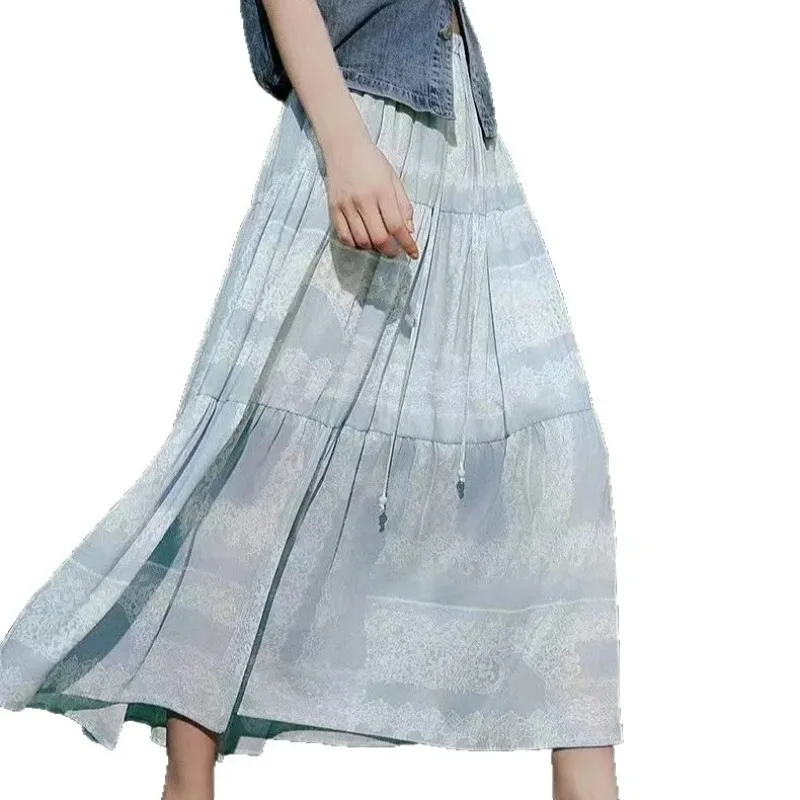 

2026 Summer Floral Print A- Line Midi Skirt Women's Vacation High-End Feeling Wavy Elegant Ladylike Style Polyester Fabric