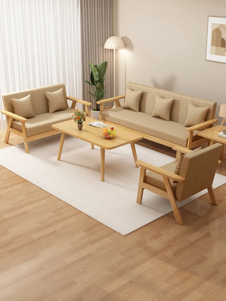 

Nordic solid wood sofa combination modern simple living room small apartment fabric art double three-person rental room furnitur