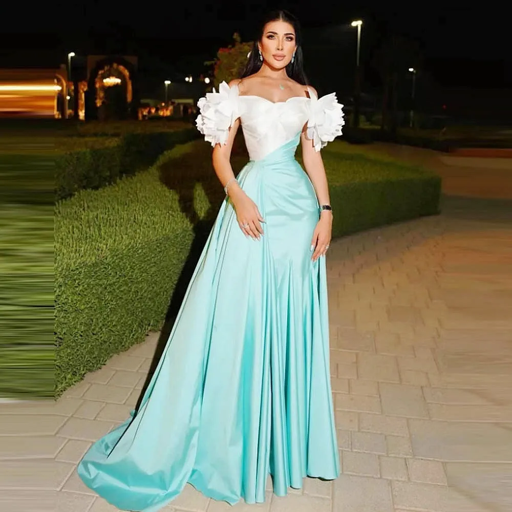 Sky Blue Prom Dresses Off The Shoulder A Line Satin Long Evening Dress Women Birthday Gowns