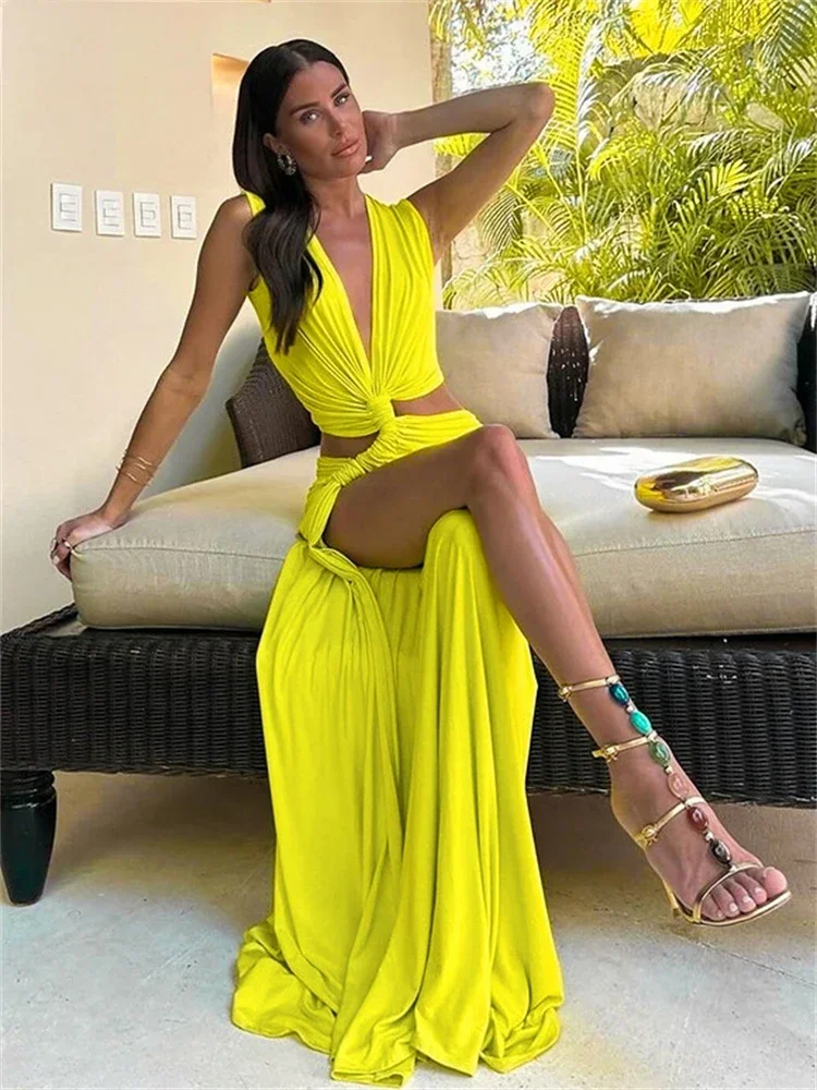 

XIZOU Summer Holiday Beach Maxi Dress Sexy Hollow Out Twist Knot High Split Dress Chic Sleeveless Deep V Female Long Vestidos