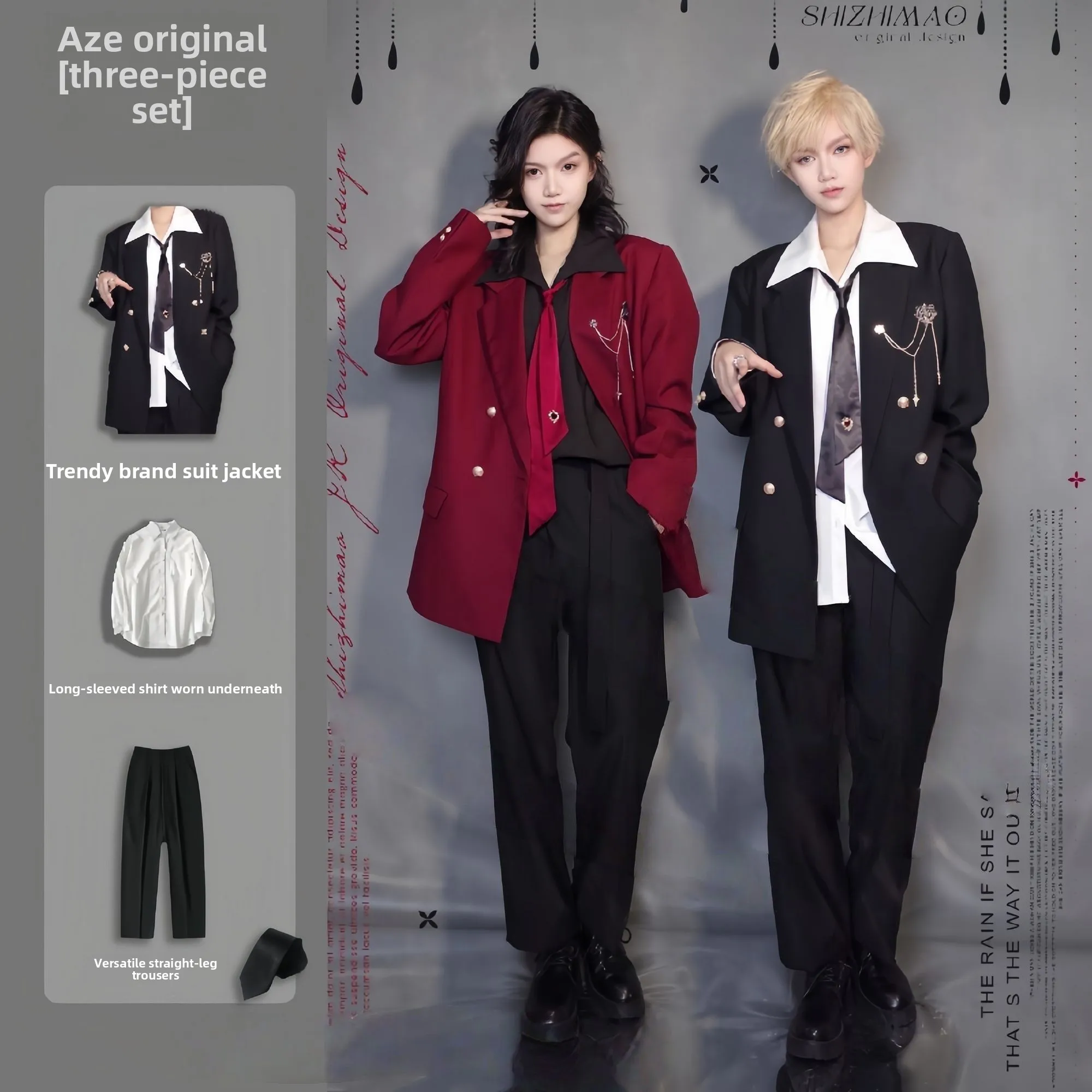 

Men's College Sle Suit Tee-Piece Set with Pants irt Tie Autumn Faion Stand Fit Polyester Fiber Youth Trend Single ...