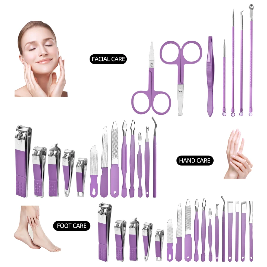 طقم مانيكير من الفولاذ المقاوم للصدأ 9/18/24/30 قطعة باللون الأرجواني المبهر والأزرق - مقص أظافر على الطراز الحديث مع شفرة محدبة، غير معطرة