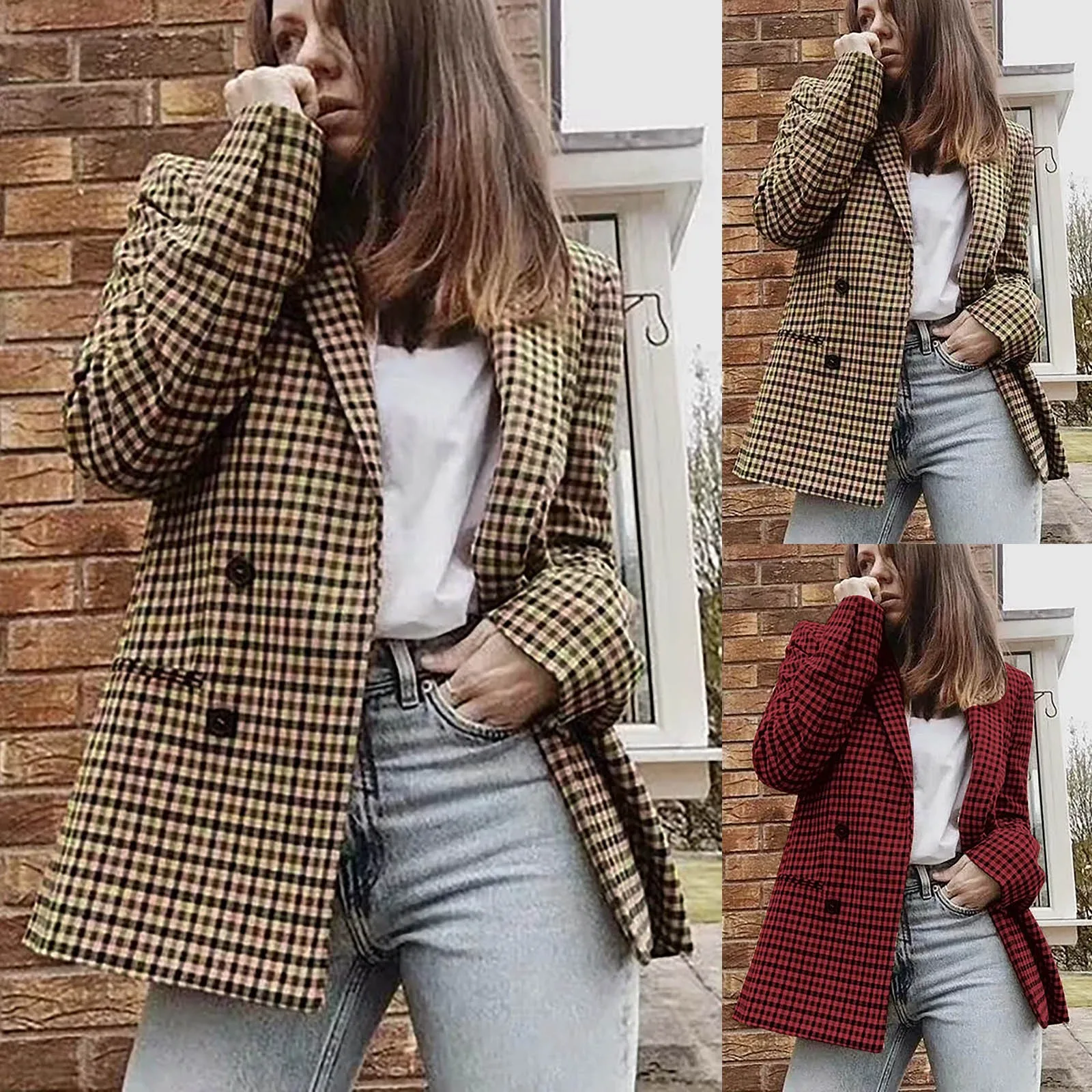 Ladies Autumn And Winter Double-Breasted Lapel Long Sleeve Plaid Suit Jacket Fashion Retro Trend Coat