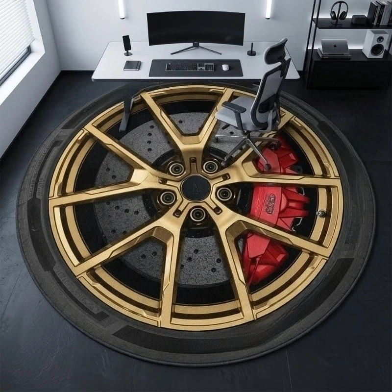 Round Area Rug Car Wheel Printed Non Slip Floor Mat for Gaming Room Decorative Soft Home Carpet Area Rug