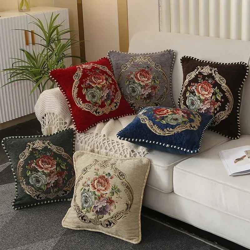 Embroidered Flowers Jacquard Cushion Cover 48x48CM Light Luxury Home Bed Headrest Pillowcase Car Office Sofa Seat Decor