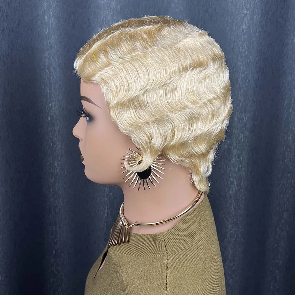 짧은 금발 픽시컷 가발, 핑거 오션 웨이브 가발, 흑인 여성용 인모, 기계 제작 짧은 레이어드 밥 가발