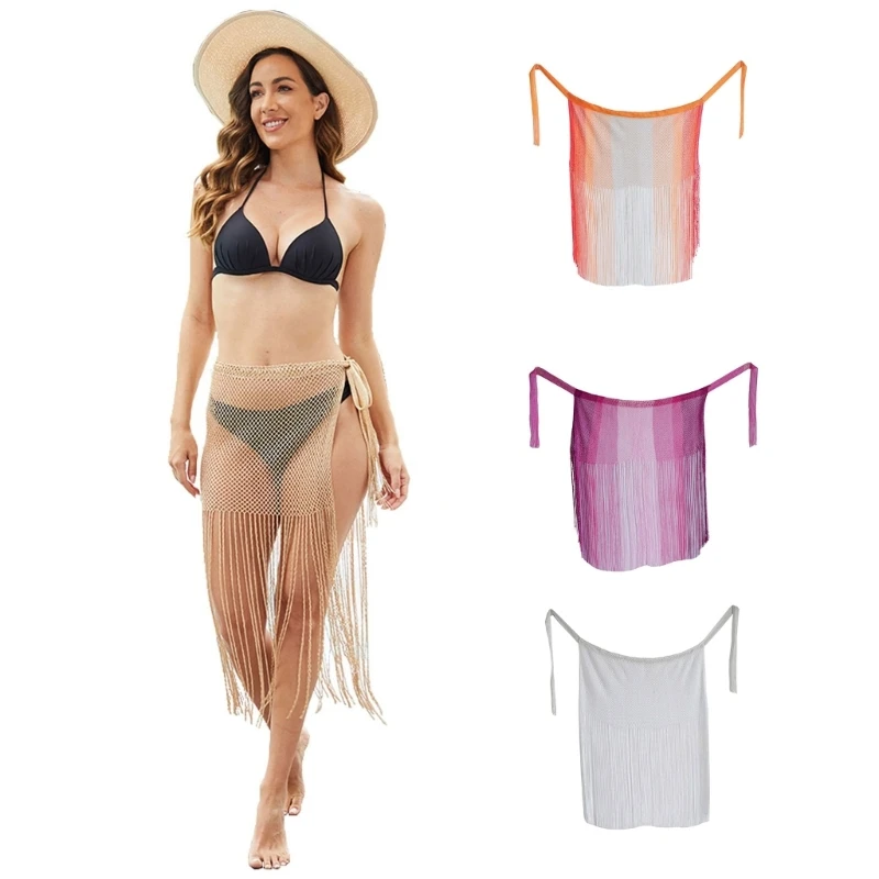 Crocheted Beach Sarong-Pareo-Womens Tassels Hollow Out Swimwear Cover-Ups Side Tie Wrap Short Skirt for Swimwear-Beach