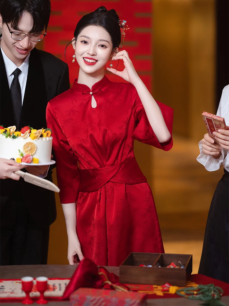 

New Chinese Sle Wedding Dr Red Bridal Gown Evening Robe Women's Return Home Casual Wear Suitable for Various O...