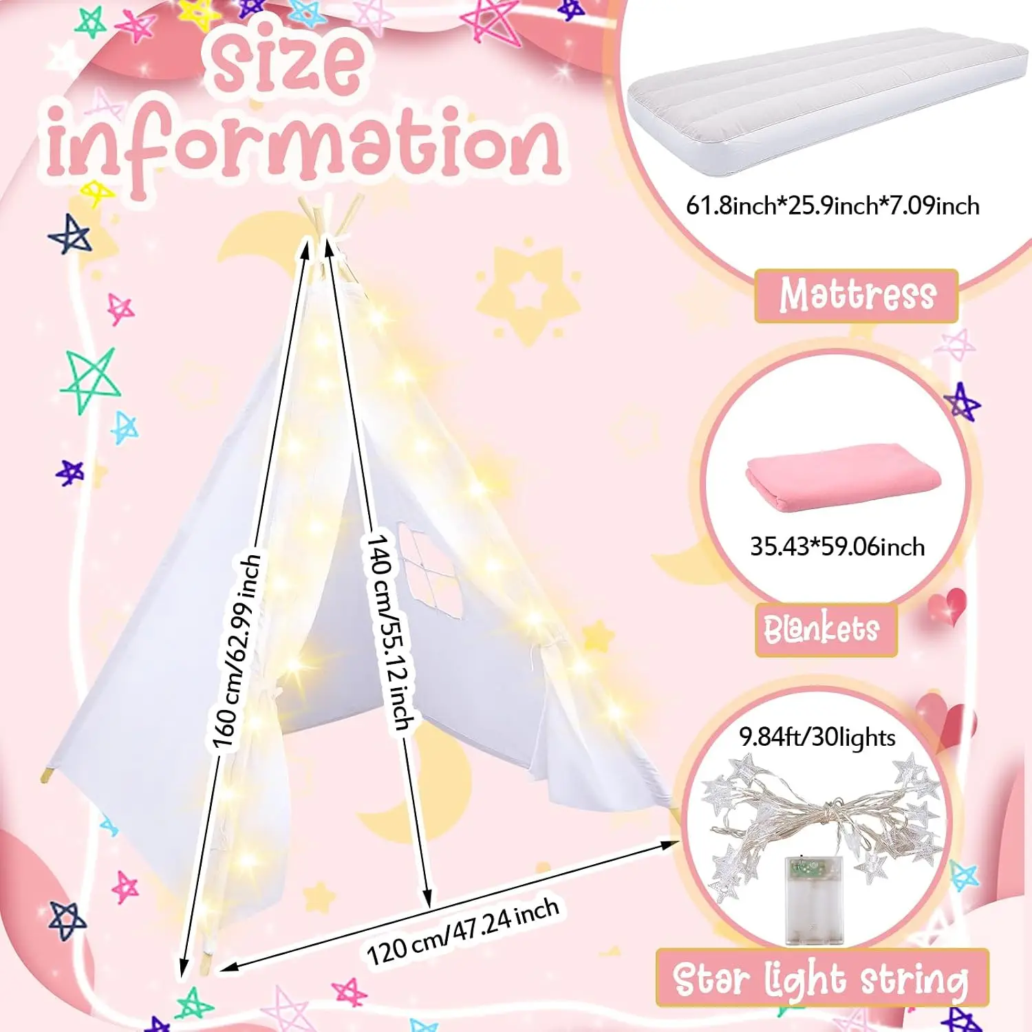 Windyun 8 Pack Kids Teepee Tent for Slumber Party with Mattress,Light String,Airbed Fitted Sheet,Sleepover Tent for Girls Boys P