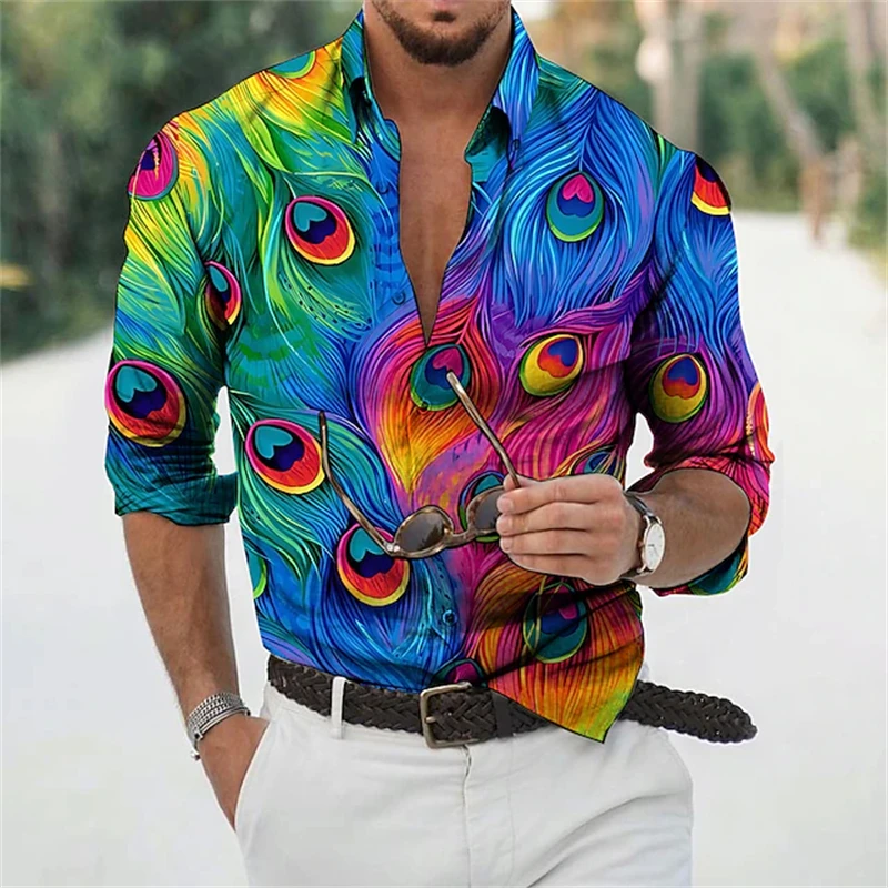 

2024 New Men's Long Sleeve Shirt Colorful Peacock Feather Printing Men's Lapel Shirt Tops Single Button Elegant Fall Clothing