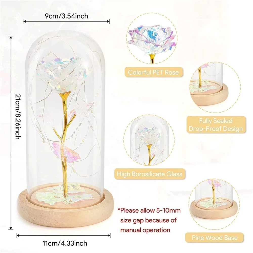 母の日の花のギフト カラフルな造花 ギャラクシーローズ ガラスドームにLEDライト付き 娘からの母のギフト