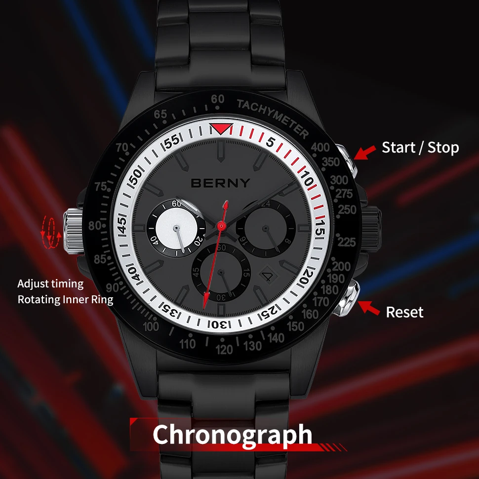 BERNY Quartz Watches for Men MIYOTA OS20 Multi-function Chronograph Sapphire Luminous Men Sport Watch Diving 10ATM Men Watches