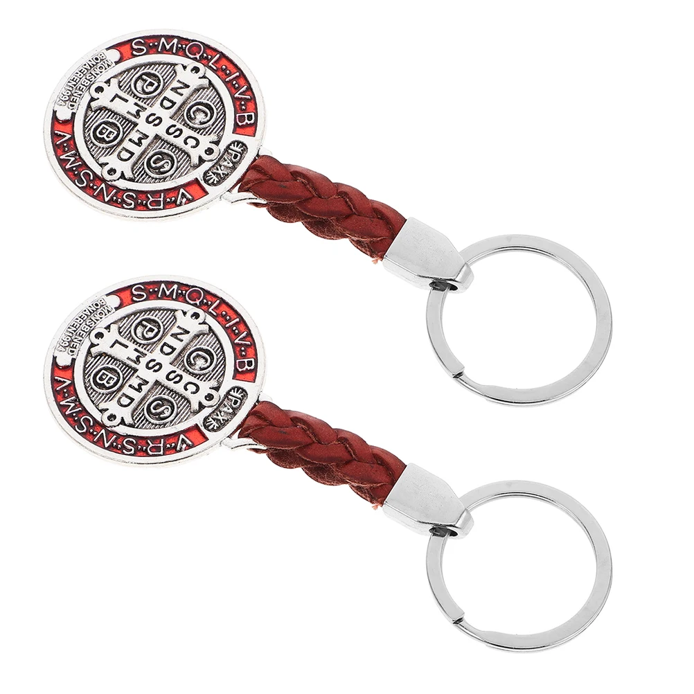 

2 Pcs Keychain Ornaments Retro Benedicts Medals Vintage Charms Cross Pendant Catholic Jewelry Supplies Metal Crucifix