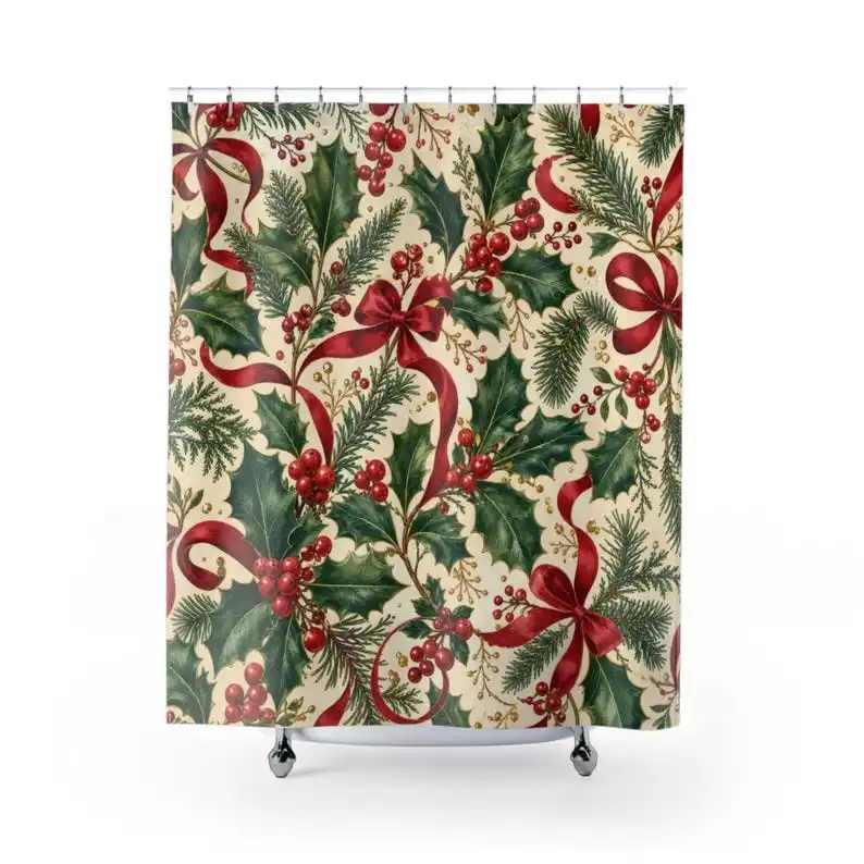 Christmas Shower Curtain, Holly Berry Pine and Red Bow Botanical, Traditional Holiday Bathroom Decor, Cream Winter Guest Bath
