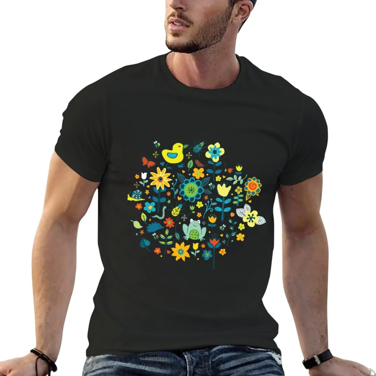 

Ducks and Frogs in the Garden - Aqua and Lemon - floral pattern by Cecca Designs T-Shirt graphic tee shirt mens workout shirts