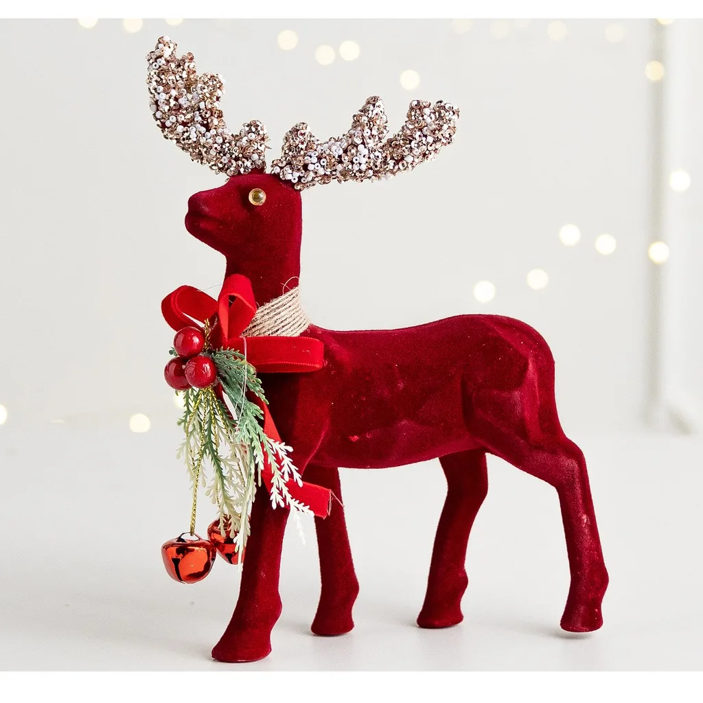 Burgundy Flocked Reindeer Figurine Glitter Antlers Christmas Desktop Ornament For New Year Home Holiday Party Decoration