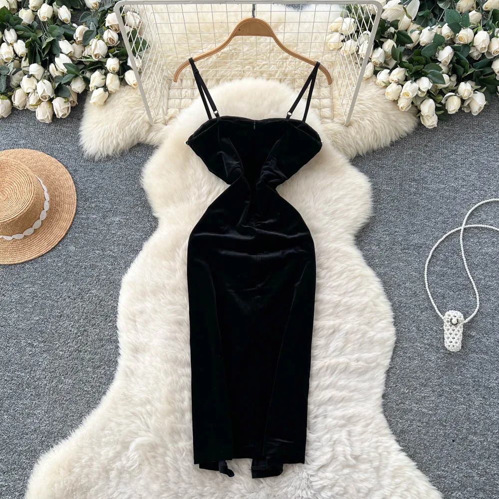 Robe crayon fendue en velours, Sexy, chic, sans manches, strass, mode coréenne, vêtements de soirée pour femmes