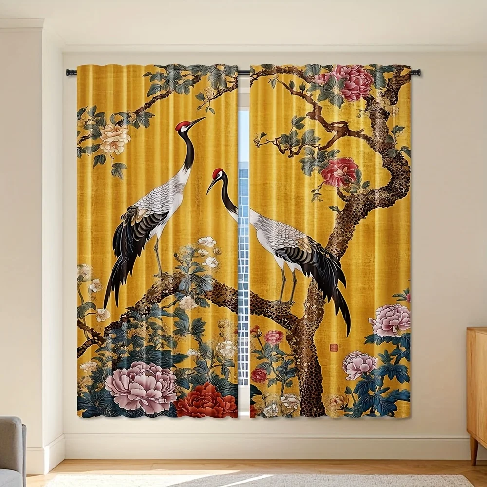 Vintage Chinese Crane Peony Curtain 2 Panels Classic Golden Yellow Texture Inn Room Curtain Auspicious Oriental Bedroom Home