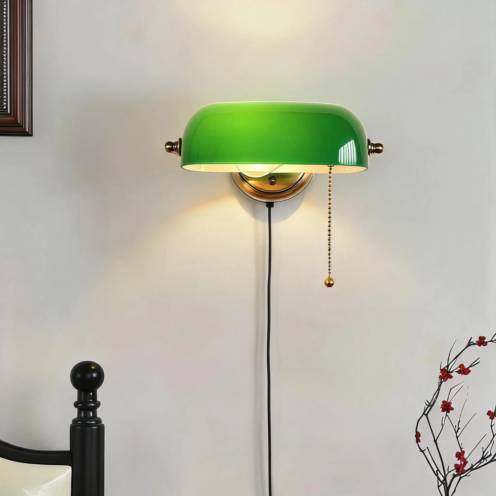 

Wall Sconce Plug in, Green Glass Bankers Wall Sconces,Traditional European Vintage Classic Wall Lamp,with Adjustable Retro Lampshade and Plug in Switch for Bedroom Corridor Library