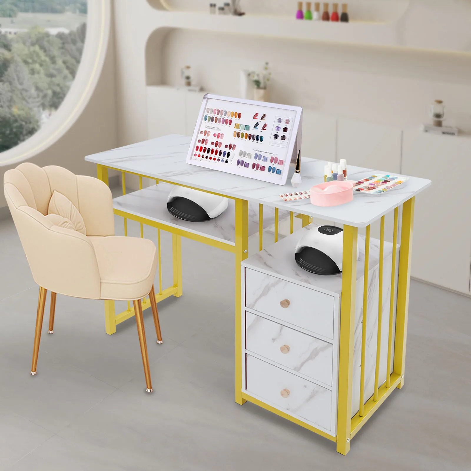 Nail Desk Manicure Table Marbling Texture Manicure Desk with 3 Drawers 100*40*76cm for Living Rooms, Offices, Nail Salon