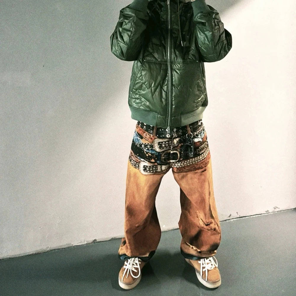 

Bending Knife 3D Printing Multiple Waistbands Hole Jeans for Men and Women Streetwear Patchwork Distressed Casual Denim Trousers