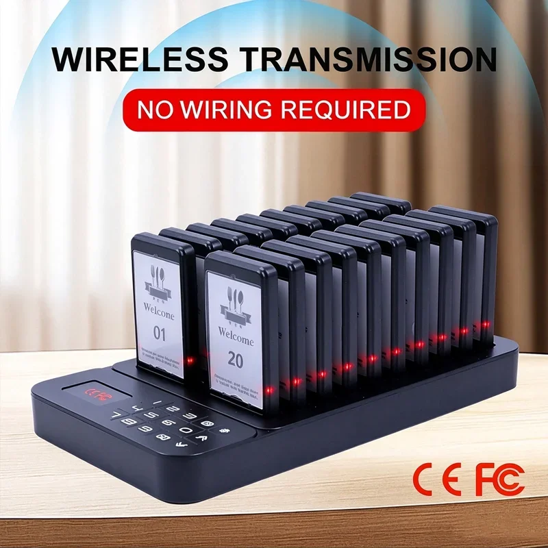 Wireless Restaurant Buzzer Pager Vibration LED Guest Waiting Calling System 1 Transmitter + 26 Receiver for Coffee Dessert