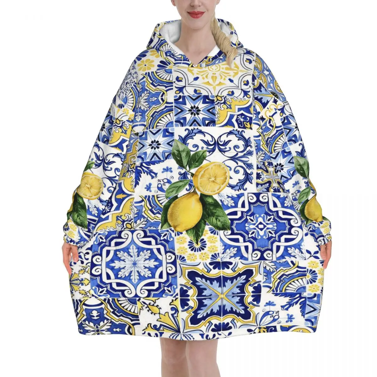 Lemon Sicily Rectangle Blanket Hoodie Wearable Blanket Large with Pocket Warm Sleeping Bag Soft Cozy Onesie