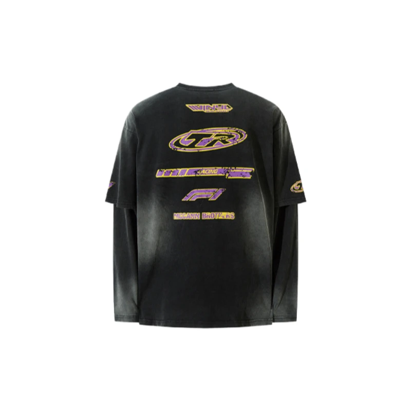 2025 Autumn New Men'S 100% Cotton Vintage Hand-Sprayed Fake Two-Piece Long Sleeve T-Shirt Trendy High-End Gray/Black color