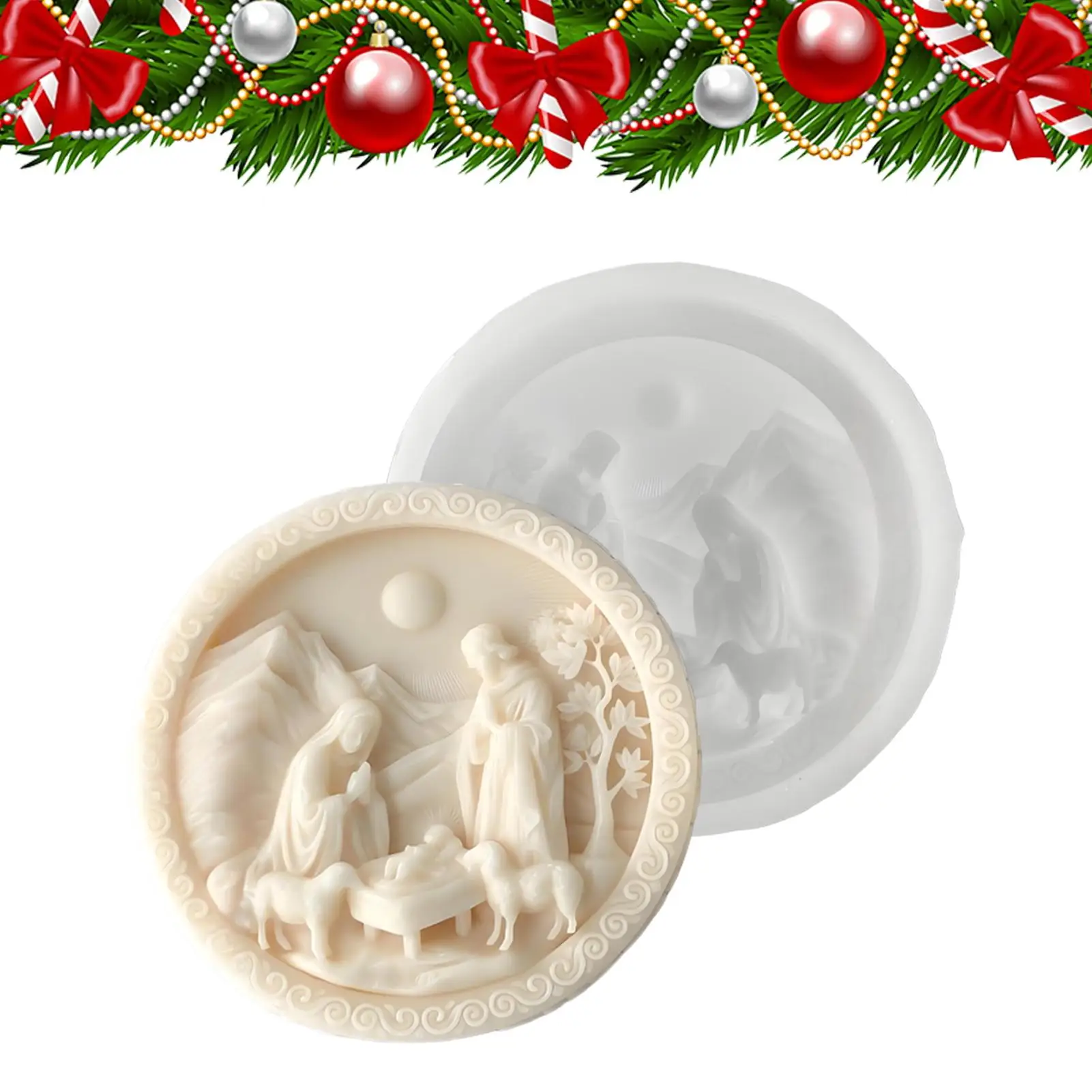 3D Nativity Scene Mold, Round Silicone Jesus Birth Candle Mould, Resin Fondant Gypsum Plaster Wax Soap Chocolate Crafting DIY