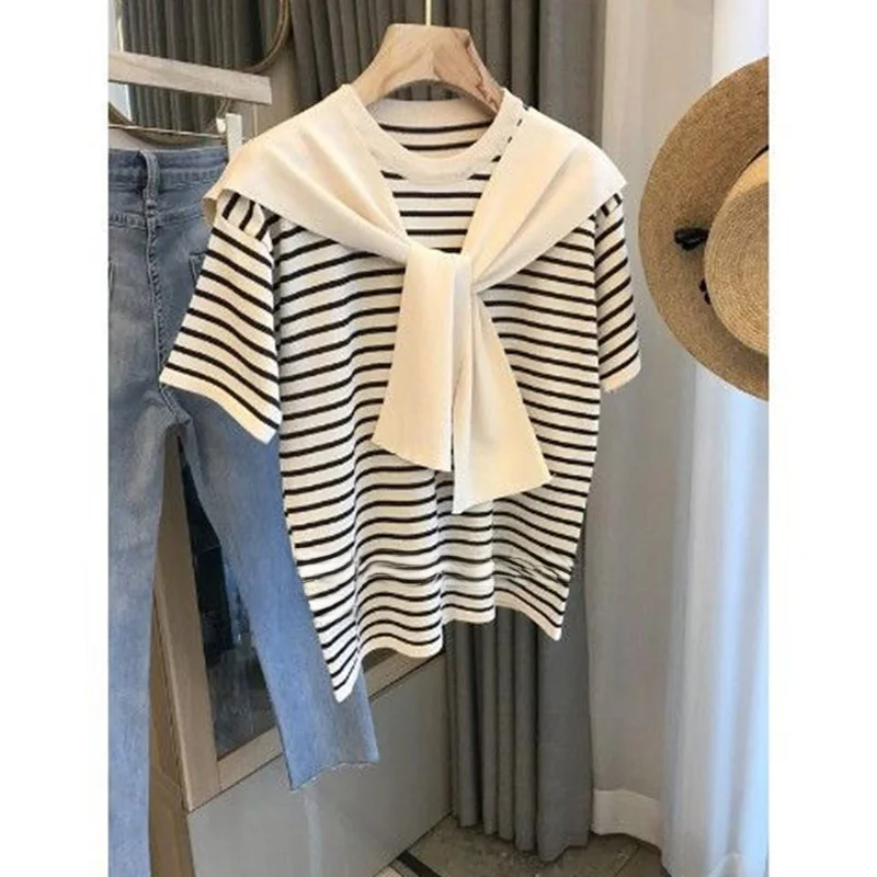 Naval Stripe Women's Summer T-Shirt Ice Silk Knitted Top Fake Two-Piece Shoulder Wrap Short Sleeve Design Korean Style Loose Fit