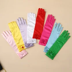 Children's satin princess gloves, girl's butterfly shiny face knot dance performance stage gloves, crystal all finger gloves
