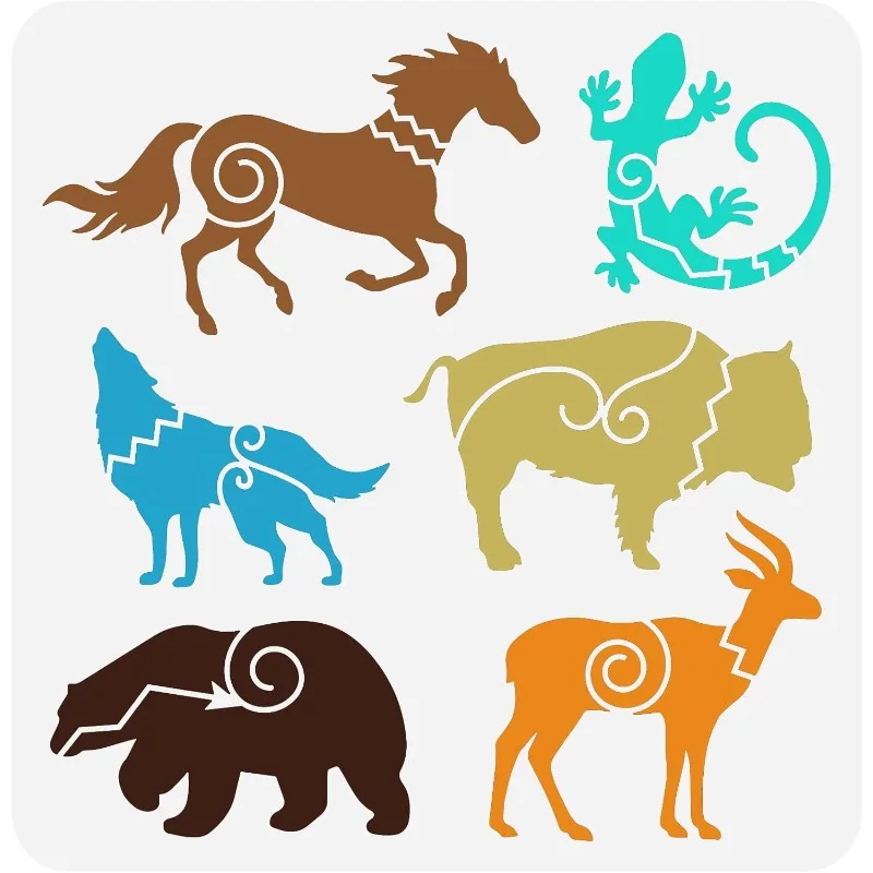 Southwest Animal Stencil 11.8x11.8inch Reusable Horse Lizard Wolf Bear Bison Goat Drawing Stencil DIY Art Animal Decoration