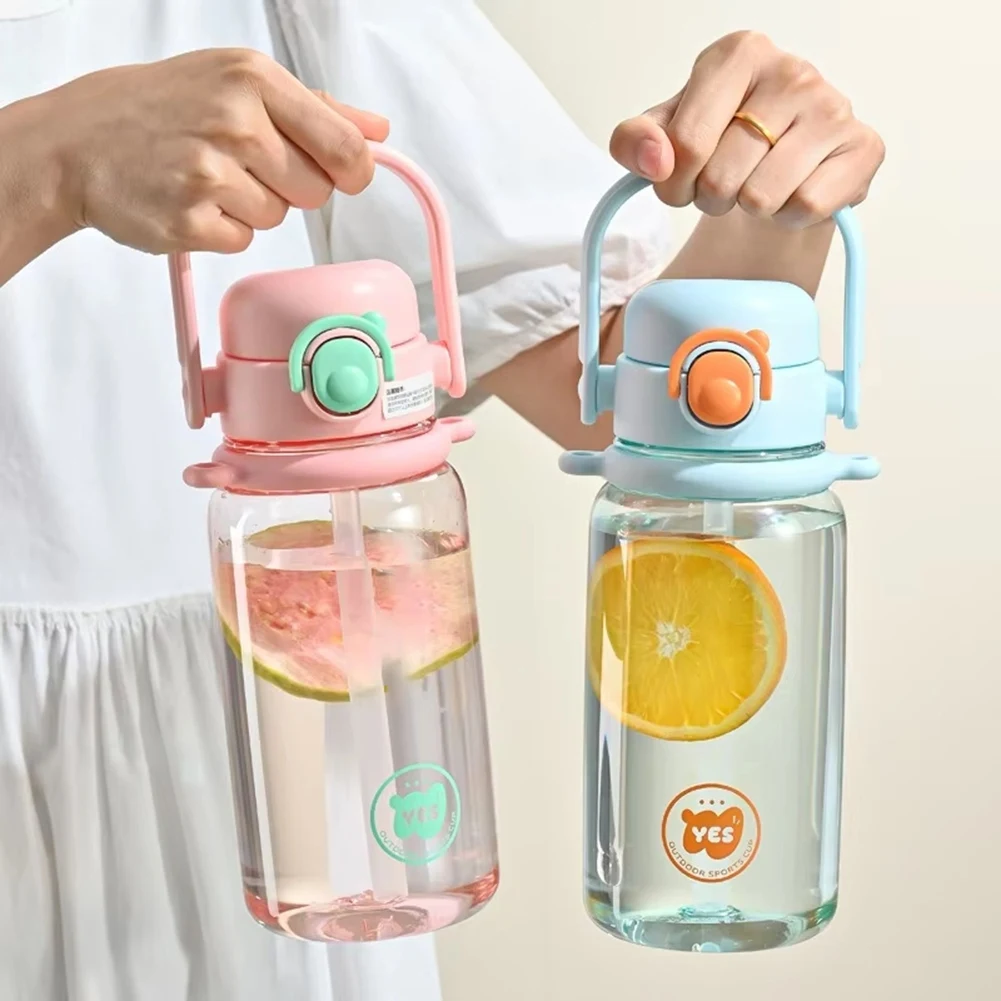 ABLK-botella de agua de gran capacidad con pajita para estudiantes, vaso de plástico breve sellado a prueba de fugas con tapa, artículos para beber para niños, 1000ML