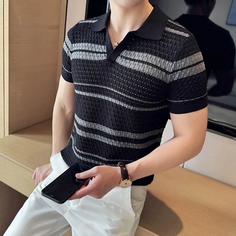 Men\'s summer cut-out short-sleeve Polo Shirts Male slim fit Striped fashion high quality knitted Polo shirts Man Tops 3XL-M