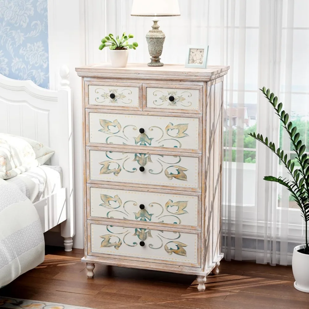 

Dresser Wood Chest of Drawers for Bedroom, Tall Dresser, Boho Dresser 6 Drawer Chest, Wooden Dresser with Drawers and Solid Woo