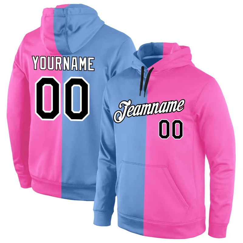 Custom Name Number Split Double Color Hoodies Fashion Simple 3D Printed Mens Hooded Sweatshirt Loose Team Uniforms DIY Pullovers