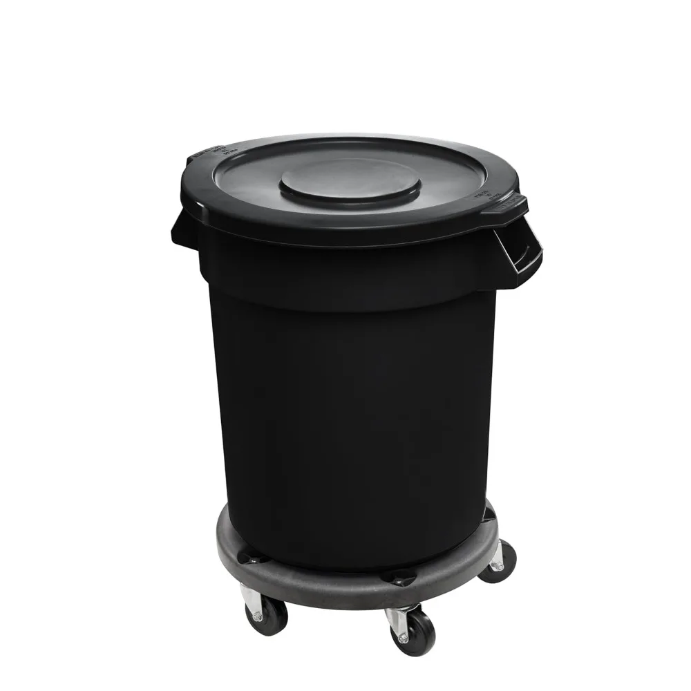 

32 Gallon Black Round Commercial Food Storage Container with Lid and Dolly for Feed and Seed