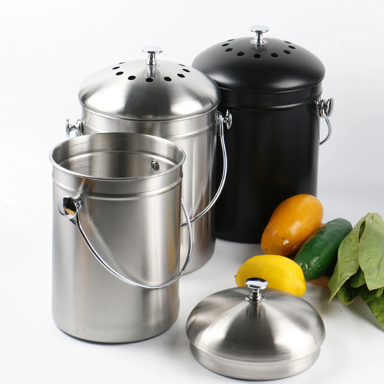 Stainless Steel Compost Bin Garbage Bin Vegetables Recyclable Compost Food Waste Bucket for Cooking Kitchen