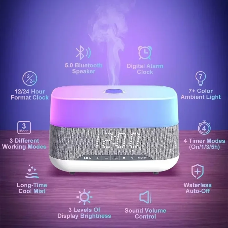 Humidificateur d'aromathérapie, horloge, bureau à domicile, réveil, réveil, lumière d'ambiance colorée rvb, haut-parleur Bluetooth, nouvelle collection 2025
