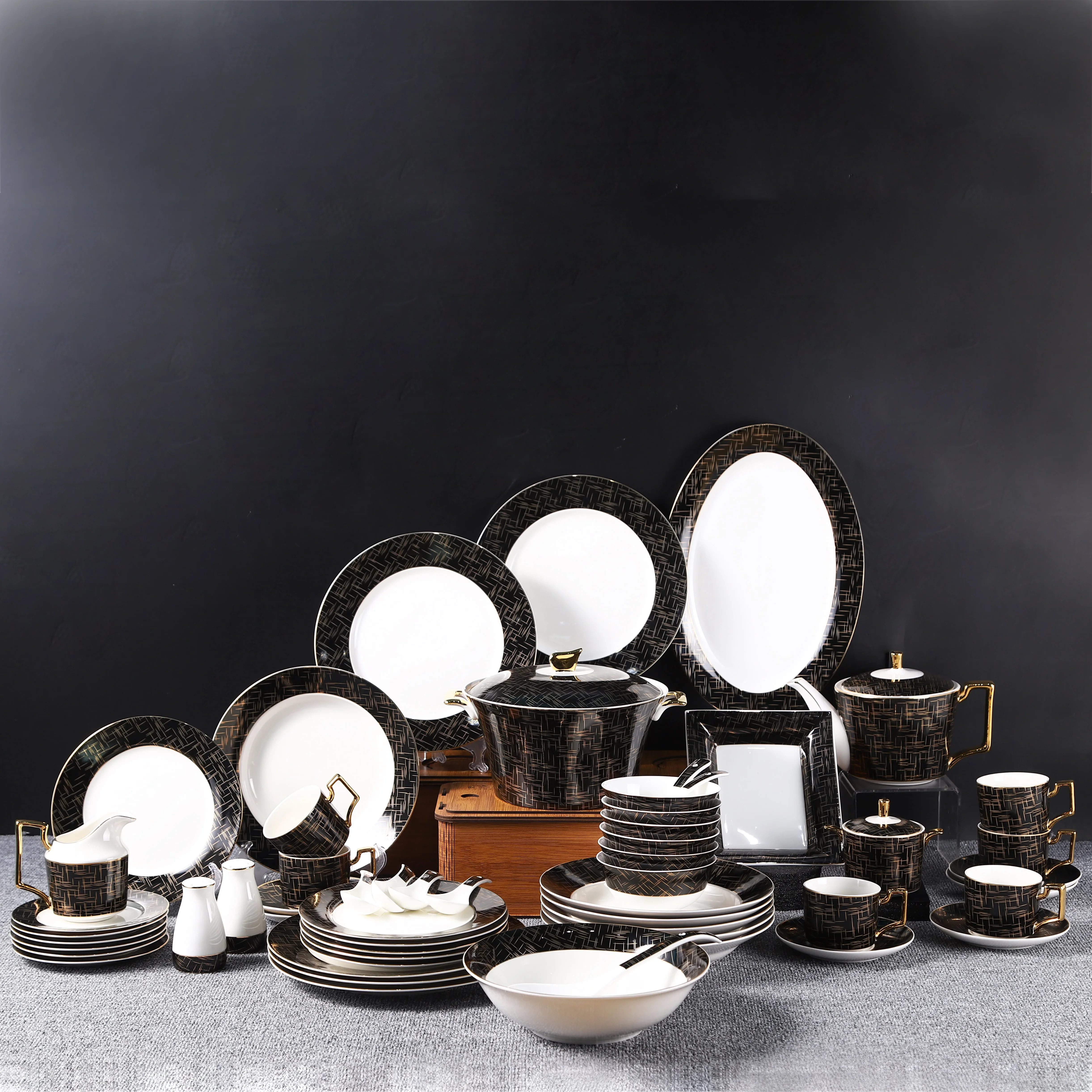 Black And Gold Royal Style Luxury Dinnerware Sets Bone China Tableware Coffee Cup Set Porcelain Dinner Sets From China Factory