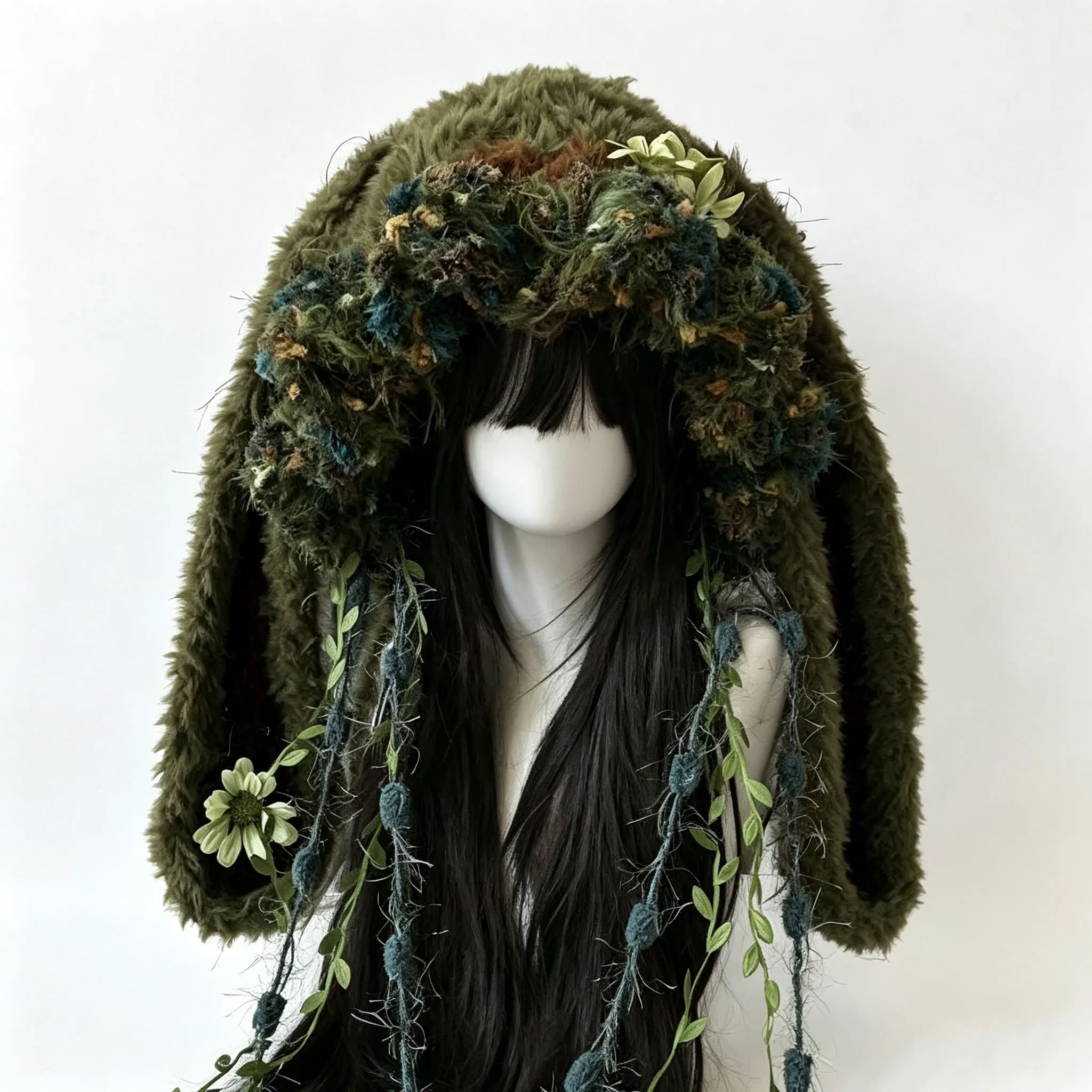 Handmade Forest Green Bunny Rabbit Ears Hat Women Winter Custom Crochet Flower Charm Knit Beanie Ladies Goblin Cosplay Hood Caps